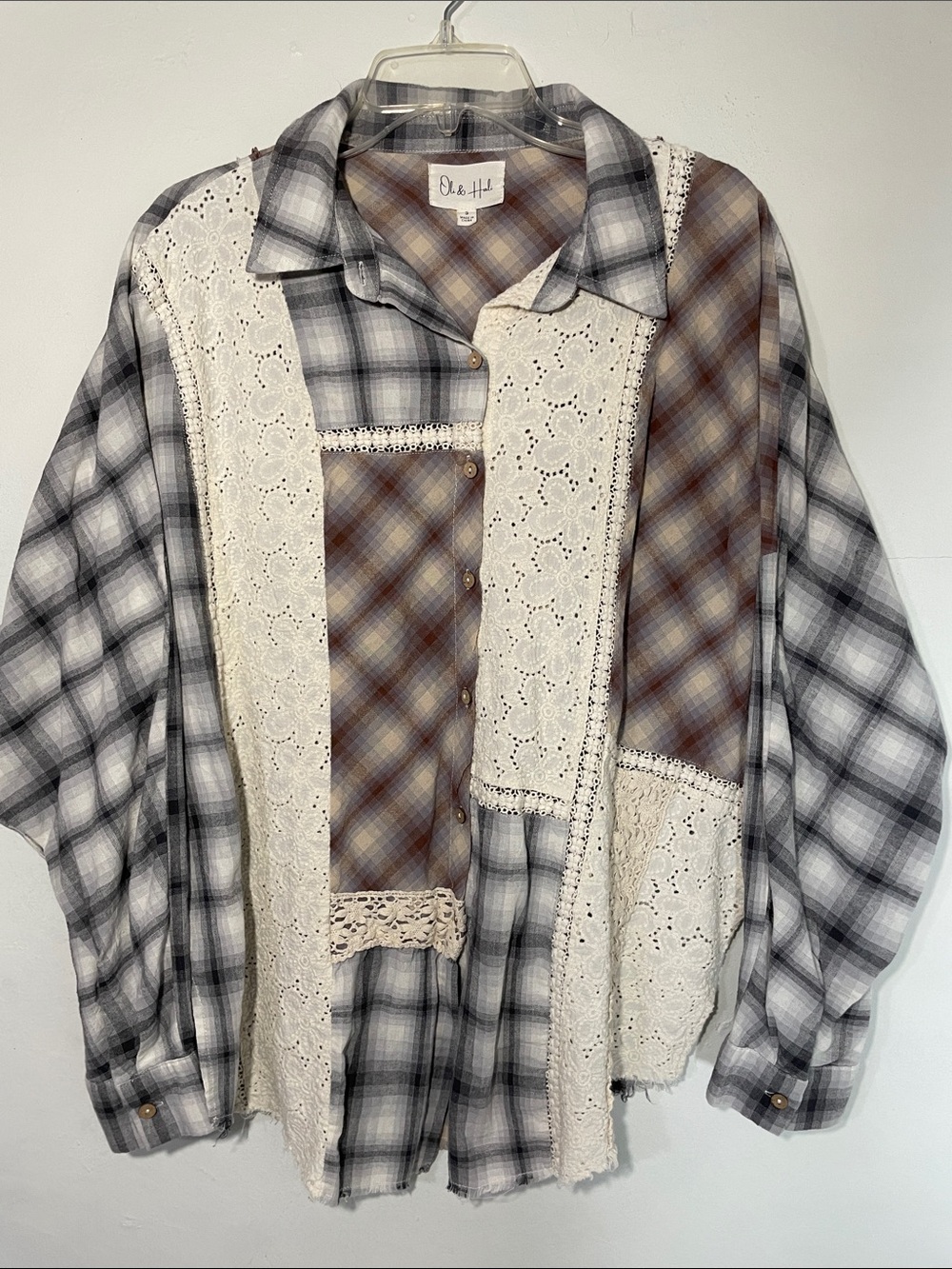 Oli & Hali Plaid Lace Patchwork Button-Down Shirt - S